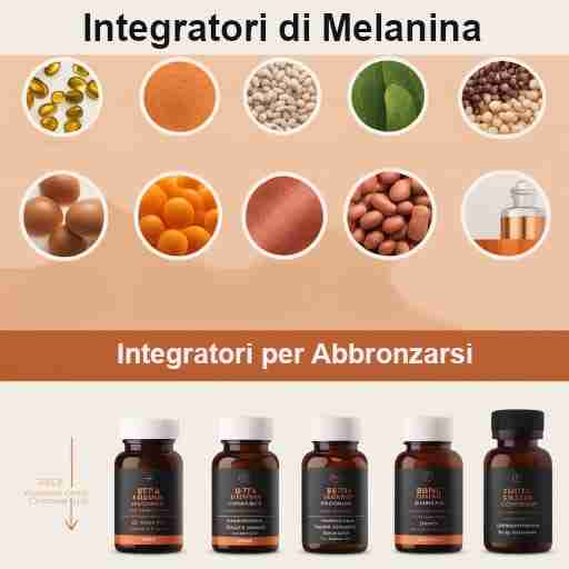 immagine che mostra diversi integratori per l'abbronzatura con ingredienti chiave come tirosina, betacarotene, vitamina D, zinco e rame.