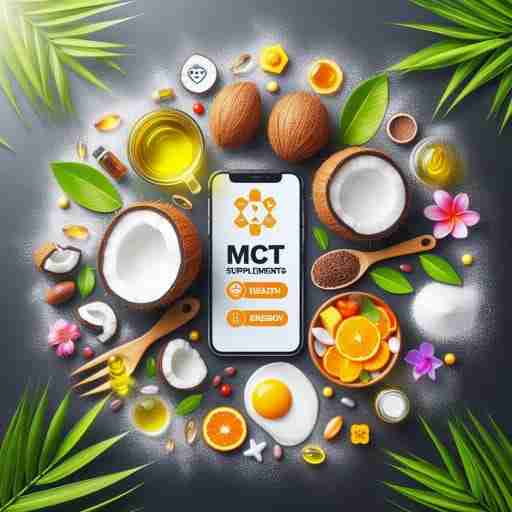 MCT: Un Potente Alleato per la Salute e il Benessere immagine che rappresenta gli integratori MCT, elementi che richiamano la salute, il benessere, l’energia e la dieta chetogenica. sullo sfondo colori vivaci e immagini di olio di cocco e olio di palma