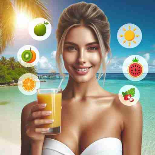 Scopri i benefici degli integratori per un'abbronzatura perfetta e una pelle sana Una donna con la pelle dorata e abbronzata, sorridente e che guarda la fotocamera. Tiene in mano un bicchiere con un frullato di frutta fresca. Sfondo: Una spiaggia tropicale con mare cristallino, palme e cielo azzurro. Il sole splende luminoso. Icone di frutta fresca e verdure