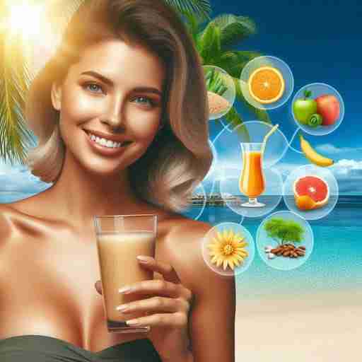 Scopri i benefici delle vitamine per un'abbronzatura sicura e duratura donna dalla pelle abbronzata con un frullato a base di integratori abbronzanti, intorno simboli di frutta e frullati, sullo sfondo uno scenario di una spiaggia tropicale con un mare cristallino