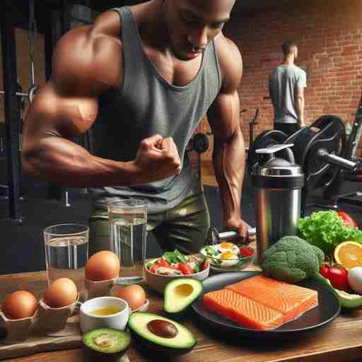 l’immagine mostra un atleta dal fisico possente, chino su un tavolo ricco di cibi contenenti proteini adatte alla dieta chetogenica