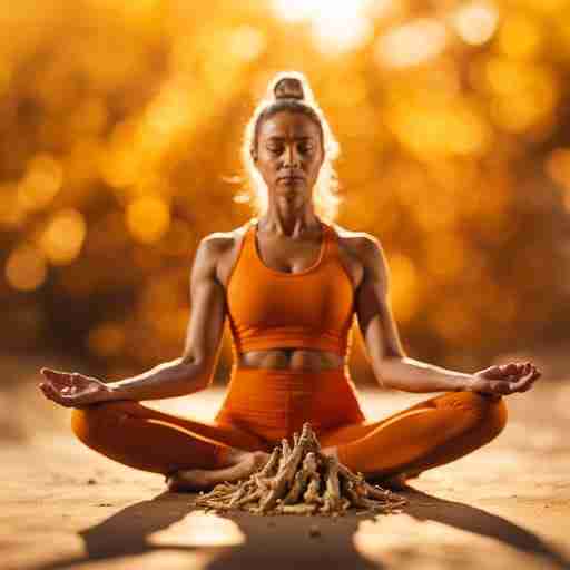 Ashwagandha: Eccellente Soluzione per Stress e Sonno. Una persona che pratica yoga in una posizione energizzante, con una radice di Ashwagandha in primo piano. Sfondo arancione e giallo per rappresentare il calore e la vitalità.