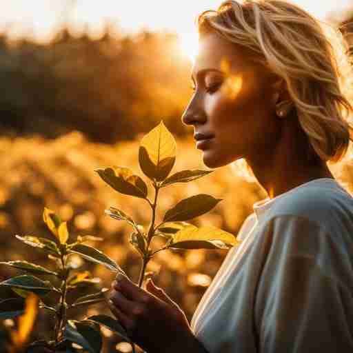 Una persona che si sente leggera e serena, circondata da una luce dorata. In primo piano, una pianta di Withania somnifera che irradia un'aura di benessere. Sfondo con elementi naturali: terra, cielo e acqua.