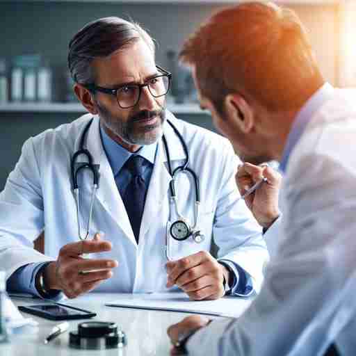 Un medico che parla con un paziente, sottolineando l'importanza di consultare un professionista sanitario prima di assumere Withania somnifera. Sfondo con un cuore e un termometro.