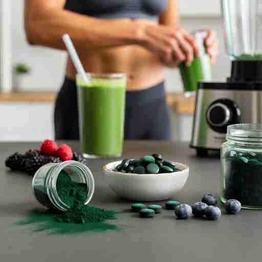 Cosa Rende la Spirulina un Integratore Ideale per lo Sport Una tavola ben illuminata con un barattolo di spirulina in polvere aperto, accanto a una ciotola piena di spirulina in forma di compresse e una manciata di bacche. Sullo sfondo, un atleta in tenuta sportiva sta preparando un frullato verde in un frullatore