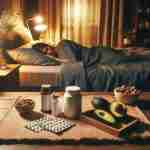 Dieta Chetogenica e Sonno: Riposo Perfetto Garantito Una scena notturna serena con una persona a letto, circondata da integratori come magnesio e melatonina su un comodino. La stanza ha un'atmosfera accogliente e calma, con una luce soffusa e calda e alcuni alimenti chetogenici come avocado e noci su un vassoio vicino. L'immagine dovrebbe evocare una sensazione di sonno riposante e recupero