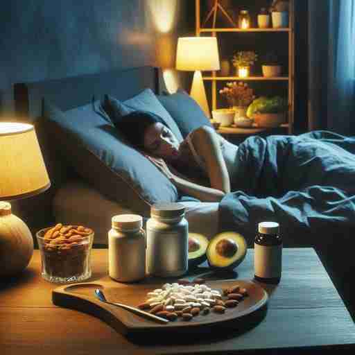 Dieta Chetogenica e Sonno: Segreti per un Sonno Ristoratore Un'ambientazione tranquilla di una camera da letto con una persona che dorme serenamente. Su un piccolo tavolo accanto al letto, sono disposti in modo ordinato integratori chetogenici come melatonina e magnesio. Sullo sfondo, una finestra mostra un cielo notturno limpido con stelle, simboleggiando un sonno riposante migliorato dalla dieta chetogenica