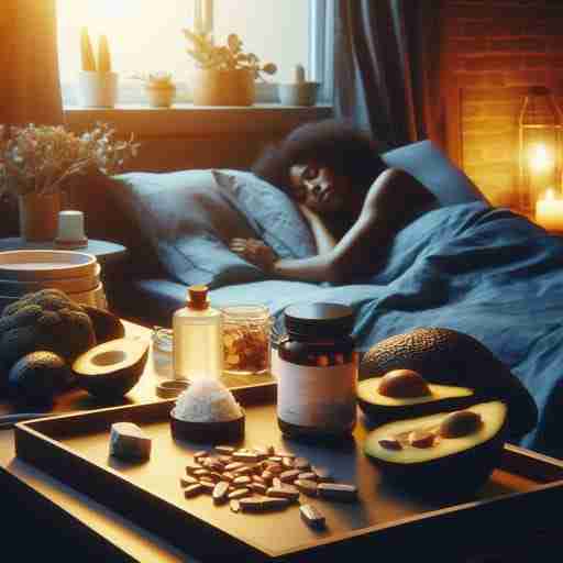 Dieta chetogenica e sonno: Conclusioni Finali una persona a letto, circondata da integratori come magnesio e melatonina su un comodino. La stanza ha un'atmosfera accogliente e calma, con una luce soffusa e calda e alcuni alimenti chetogenici come avocado e noci su un vassoio vicino. L'immagine dovrebbe evocare una sensazione di sonno riposante e recupero