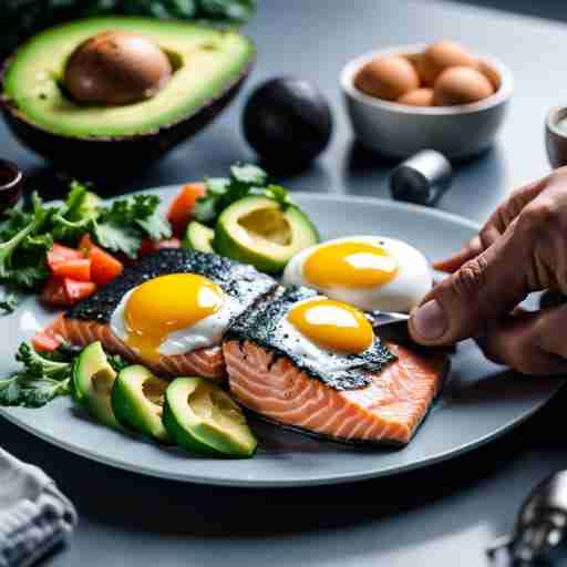 immagine mostra un piatto con avocado, uova, verdure, salmone che rappresentano una fonte naturale di proteine adatte alla dieta Keto