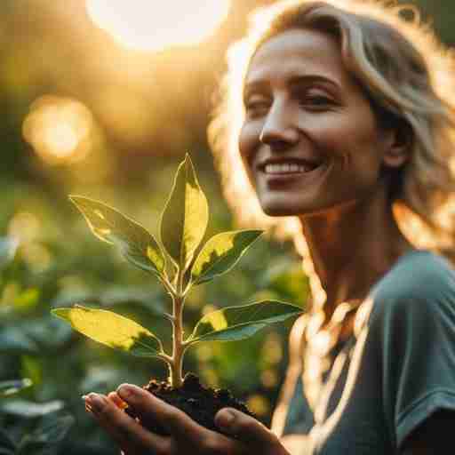 Una persona che si sente giovane e piena di vita, circondata da una luce radiosa. In primo piano, una pianta di Withania somnifera. Sfondo con elementi naturali e colori vivaci