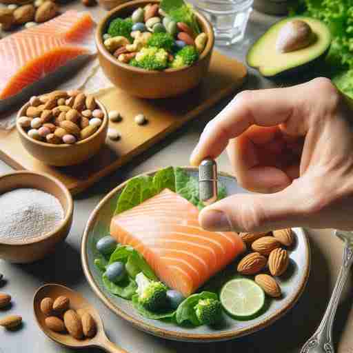 I Migliori Alimenti Chetogenici per un Sonno Ristoratore Un primo piano della mano di una persona che tiene una capsula di magnesio accanto a un piatto di alimenti chetogenici come salmone, noci e verdure a foglia verde. L'ambientazione dovrebbe evidenziare l'importanza dell'integrazione di nutrienti durante una dieta chetogenica per migliorare il sonno e il recupero muscolare