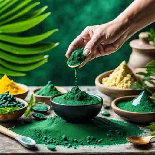 I benefici della spirulina: un tesoro di salute dalle acque una serie di ciotole con polvere di spirulina pronte per la preparazione e sullo sfondo la pianta