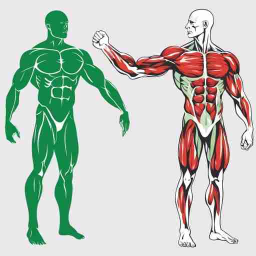 Da un lato, un corpo umano con i muscoli evidenziati in verde, che simboleggiano la crescita e la forza. Dall'altro lato, un corpo umano con i muscoli evidenziati in rosso, che rappresentano la perdita di massa muscolare.