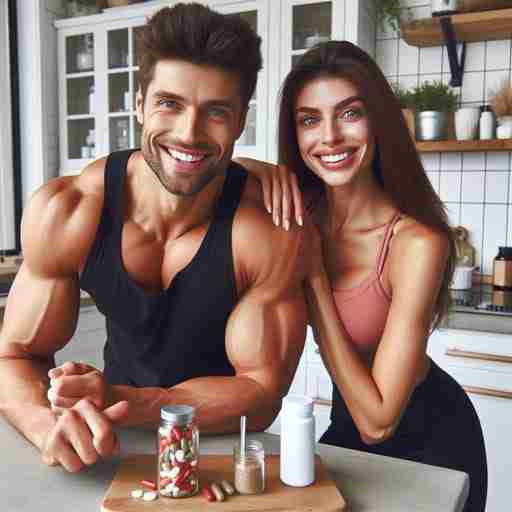 Integratori Anti-infiammatori per la Dieta Chetogenica: Scopri i Benefici e le Opzioni Migliori una coppia in forma e allegra in cucina mentre preparano una ricetta chetogenica abbinata ai migliori integratori antinfiammatori per proteggere le articolazioni, aumentare l'energia e favorire la perdita di peso