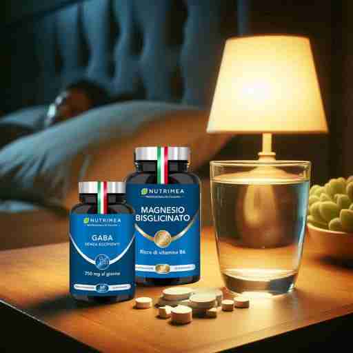 ntegratori Keto-Friendly per Migliorare il Sonno GABA e magnesio, disposti accanto a un bicchiere d'acqua su un comodino. Integratori che favoriscono il sonno e il rilassamento