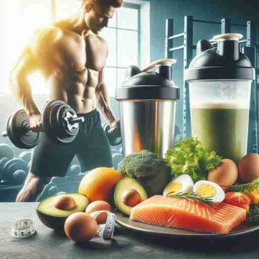 Integratori proteici keto-friendly: Rivelazioni per ketosi ottimale Sullo sfondo, una persona si allena con i pesi ed emana senso di energia, salute e vitalità. e davanti all'atleta un piatto con salmone, avocado, uova e verdure, accompagnato da uno shaker per proteine e un misurino.