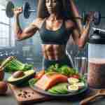 Integratori proteici keto-friendly: Segreti per risultati straordinari Un piatto con salmone, avocado, uova e verdure, accompagnato da uno shaker per proteine. Sullo sfondo, una persona si allena con i pesi. L'immagine trasmette un senso di energia, salute e vitalità