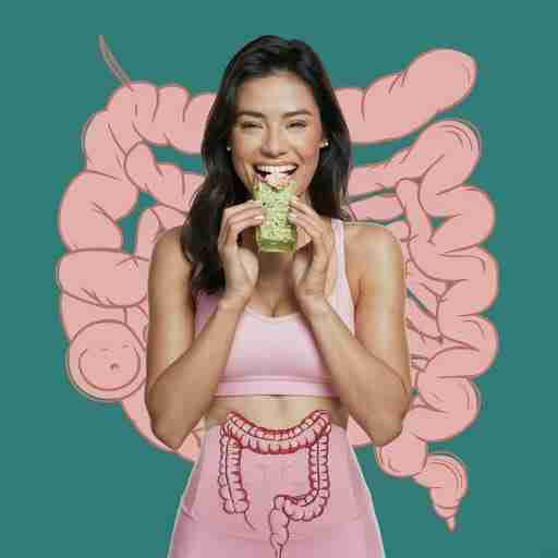 La Fibra e i Probiotici come Alleati del Benessere Sullo sfondo un'illustrazione stilizzata dell'intestino e in primo piano una donna sorridente e in forma, che consuma un pasto alternativo ricco di fibre e probiotici
