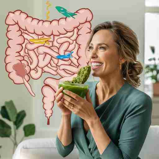 La Salute Intestinale e il Microbioma nella Dieta Keto Una donna in forma, che consuma un integratore di fibre e probiotici, con sullo sfondo un'illustrazione stilizzata dell'intestino.