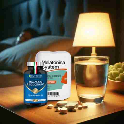 Magnesio e Melatonina: I Migliori Alleati per la Dieta Chetogenica Una scena notturna tranquilla con un focus su integratori come, melatonina e magnesio, disposti accanto a un bicchiere d'acqua su un comodino. Rilassamento e supporto del sonno con questi integratori keto-friendly