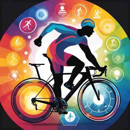 Migliora la performance atletica con gli integratori chetonici Un ciclista in azione circondato da aure energetiche colorate che rappresentano l'energia derivata dagli esteri chetonici. Accanto all'atleta, piccole icone che mostrano i benefici: resistenza, forza, chiarezza mentale