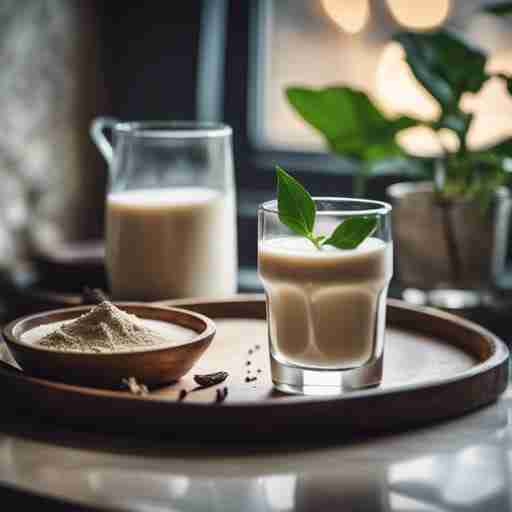 vassoio con bicchiere con la bevanda Moon Milk e sullo sfondo una pianta di ashwagandha