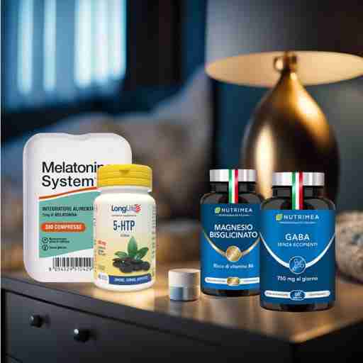 Sonno Disturbato e Dieta Chetogenica Soluzioni Una scena notturna tranquilla con un focus su integratori come GABA, 5-HTP, melatonina e magnesio, disposti accanto su un comodino. L'ambiente enfatizza il rilassamento e il supporto del sonno attraverso questi integratori cheto-friendly