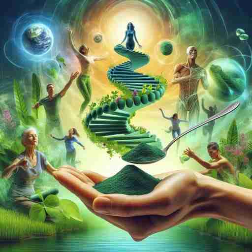 Spirulina: Potenza Verde per un Benessere Straordinario. immagine vibrante che mostra una spirale ascendente composta da spirulina in polvere e in compresse, che si trasforma gradualmente in figure umane energiche e radiose di diverse età. Sullo sfondo, un mix di elementi naturali come acqua cristallina e foglie verdi lussureggianti. In primo piano, una mano che tiene delicatamente un cucchiaio di spirulina in polvere, simboleggiando il potere di questo superfood