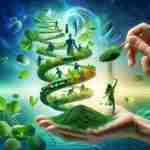 Spirulina: Superfood Miracoloso per una Vita Vibrante Un'immagine vibrante che mostra una spirale ascendente composta da spirulina in polvere e in compresse, che si trasforma gradualmente in figure umane energiche e radiose di diverse età. Sullo sfondo, un mix di elementi naturali come acqua cristallina e foglie verdi lussureggianti. In primo piano, una mano che tiene delicatamente un cucchiaio di spirulina in polvere, simboleggiando il potere di questo superfood. L'immagine dovrebbe trasmettere vitalità, salute e il potenziale trasformativo della spirulina