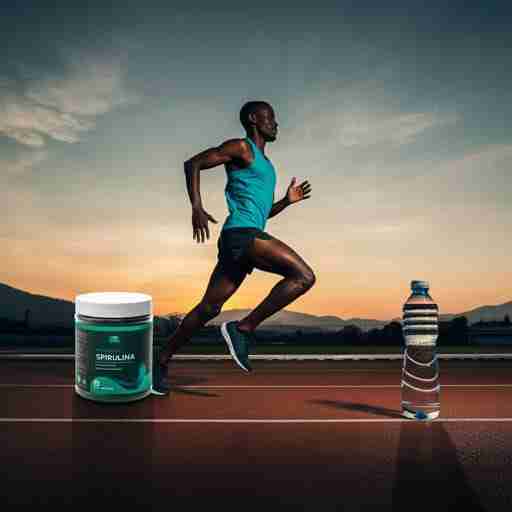 Spirulina per atleti: Energia Naturale per Risultati Straordinari un atleta in corsa su una pista all'aperto al tramonto. In primo piano, un barattolo di spirulina in polvere e una bottiglia d'acqua