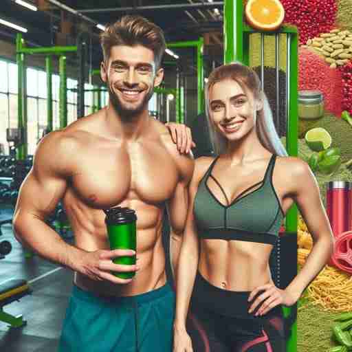 Stimolanti Naturali per la Dieta Chetogenica Atleti in forma, sorridenti e pieni di energia. Sullo sfondo attrezzi da palestra e stimolanti naturali come caffeina, guaranà, tè verde, ginseng pareti della palestra dai colori vivaci