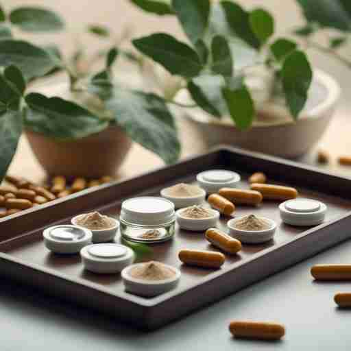 vassoio con compresse, capsule, polvere, liquido in sottofondo delle piante di Ashwagandha. non deve essere presente testo