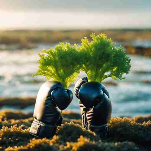 Chlorella il confronto con la cugina verde. rappresentazione fantasy di due alghe con i guantoni da boxe