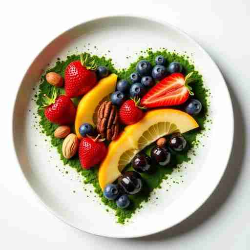 Come Includere la Spirulina nella Dieta per il Cuore Un piatto colorato con vari alimenti sani (frutta, verdura, noci) disposti a forma di cuore, con una spolverata di spirulina in polvere che crea un contrasto verde brillante.