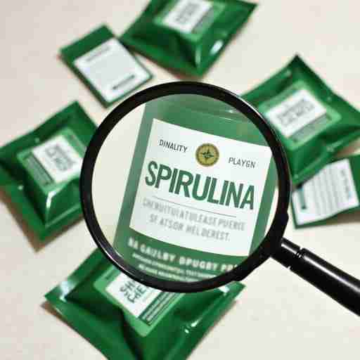 Come Scegliere il Miglior Integratore di Spirulina per il Cuore Diverse confezioni di integratori di spirulina disposte su una superficie, con una lente d'ingrandimento che evidenzia le etichette di qualità e purezza.