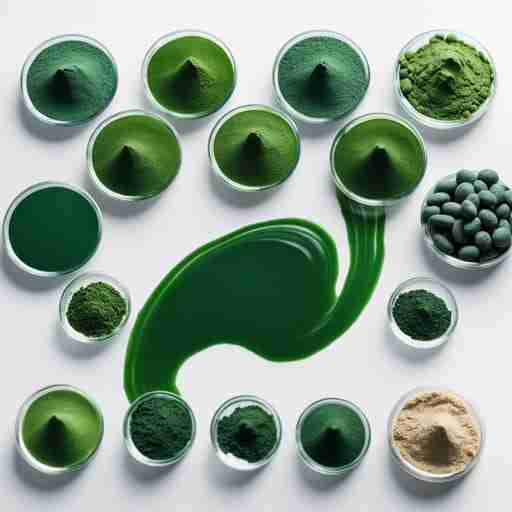 Confronto spirulina alghe. Composizione di diverse alghe superfood: spirulina, chlorella e Klamath in polvere, disposte in linee ondulate su una superficie bianca, con etichette chiare