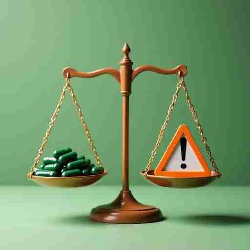 Controindicazioni e Precauzioni nell'Uso della Spirulina Una bilancia che pesa capsule di spirulina da un lato e un simbolo di avvertenza dall'altro, rappresentando l'equilibrio tra benefici e precauzioni.