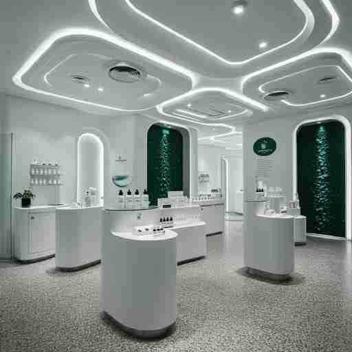 Il Futuro della Spirulina nella Medicina Integrativa Clinica sanitaria futuristica con esposizione di trattamenti e prodotti a base di spirulina