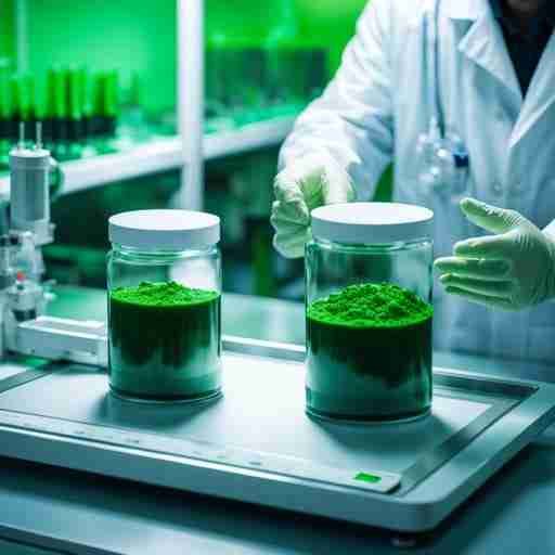 Il futuro della produzione di spirulina una coltura di spirulina verde brillante in primo piano, scienziato in camice bianco che monitora della polvere di spirulina