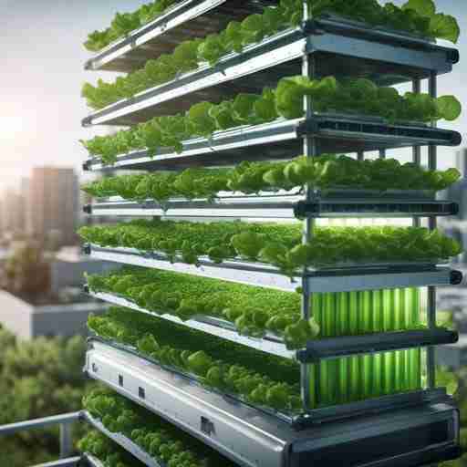 Innovazioni nella produzione di spirulina Rappresentazione artistica di una fattoria verticale urbana di spirulina, con pannelli solari e sistemi di raccolta dell'acqua piovana integrati