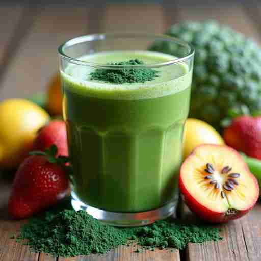 Integrazione della spirulina nella dieta quotidiana Fotografia di un appetitoso smoothie verde in un bicchiere trasparente, con spirulina e frutti disposti intorno
