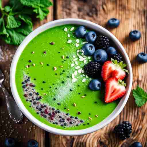 Integrazione di alghe nella dieta Smoothie bowl verde vibrante guarnito con frutti di bosco freschi, semi di chia e una spruzzata di polvere di spirulina, servito su un tavolo di legno rustico