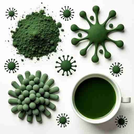 Introduzione: Spirulina e sistema immunitario, un binomio vincente Collage di immagini che mostrano spirulina in varie forme (polvere, compresse, liquido) accanto a simboli del sistema immunitario come globuli bianchi stilizzati