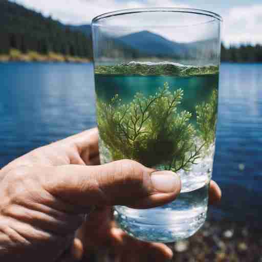 Klamath l'alga selvaggia del lago. Mani che tengono delicatamente un bicchiere d'acqua cristallina con alghe Klamath visibili, sullo sfondo il Lago Klamath in Oregon