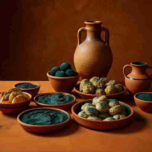 La Spirulina nella Dietetica Tradizionale Tavola da festa in stile antico con piatti contenenti polvere di spirulina