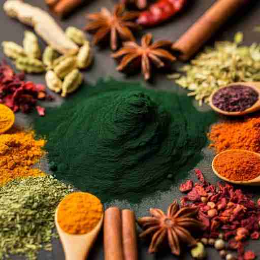 La Spirulina nella Medicina Ayurvedica Composizione di erbe e spezie ayurvediche con polvere di spirulina al centro