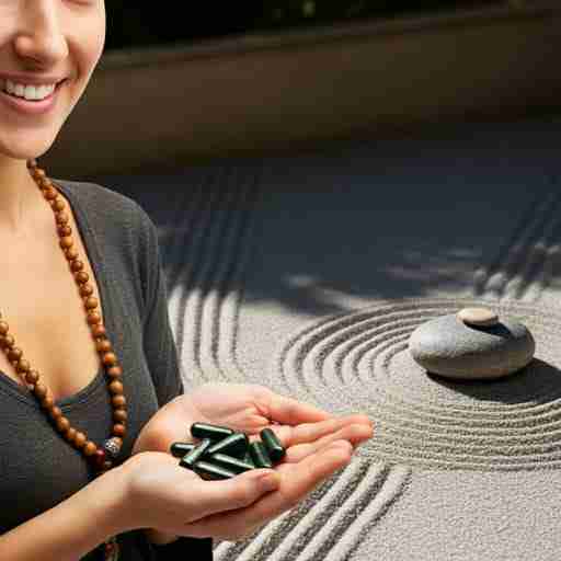 La Spirulina nella Medicina Olistica Moderna Operatore sanitario olistico che tiene capsule di spirulina con un giardino zen sullo sfondo