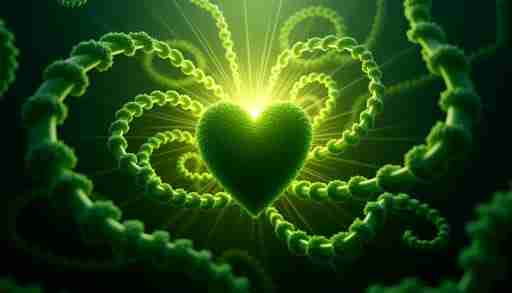 La Spirulina per la Salute del Cuore: Uno Sguardo Approfondito Prompt: Un cuore umano stilizzato circondato da spirali di spirulina verde brillante, con raggi di luce che emanano dal cuore, simboleggiando salute e vitalità