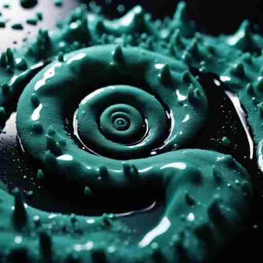 Potenziali effetti collaterali e precauzioni. Close-up di polvere di spirulina blu-verde che forma un vortice su sfondo nero, con piccole gocce d'acqua che evidenziano la texture