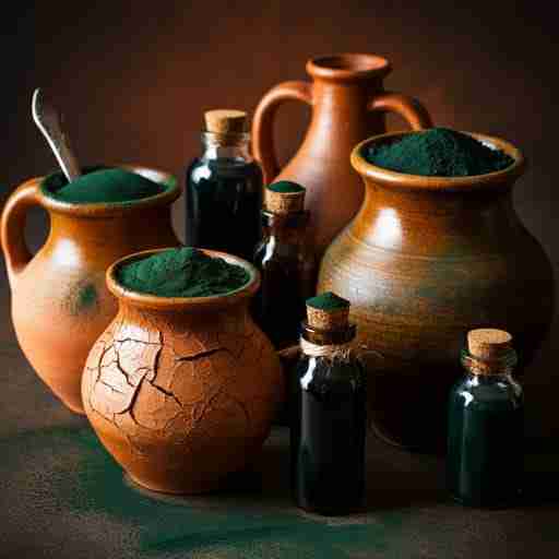 Preparazioni Tradizionali di Spirulina Vasi di terracotta tradizionali pieni di diversi preparati ed elisir di spirulina